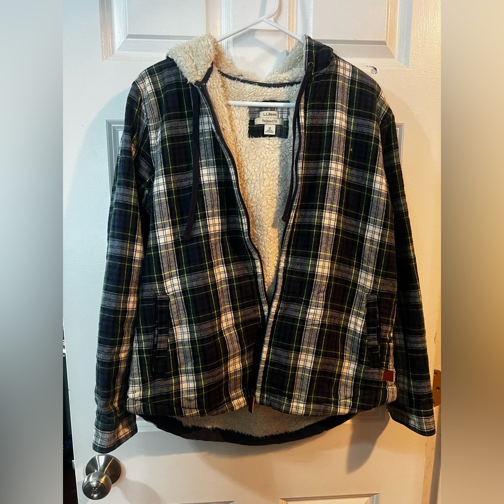 L.L. Bean Green Plaid Sherpa-Lined Jacket
